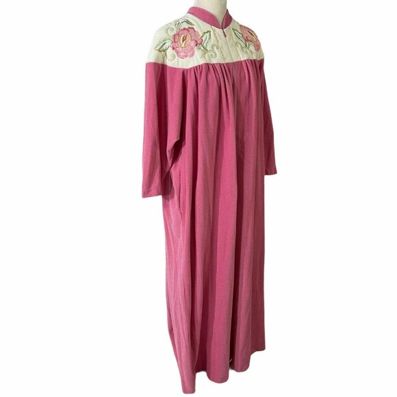 Vanity Fair Pink Robe Size L Zipper Front Fleece Floral Embroidery Vintage 1980s - Picture 1 of 9